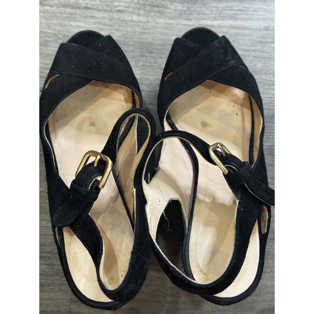 Stuart Weitzman Platform Wedges 5.5 Black Suede Y2K Peep Toe Chic Euro Summer - Picture 7 of 8